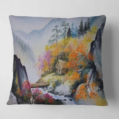 Design Art Little House In Vibrant Mountain Landscape Square Pillow Cover & Insert In Orange