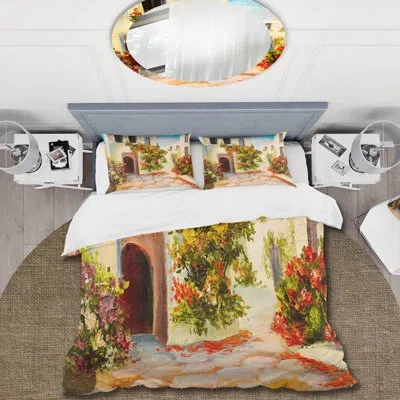 Design Art Little House On The Mountain With Flowers I - Nautical Duvet Cover Set - Microfiber Polyester In Green,beige,red