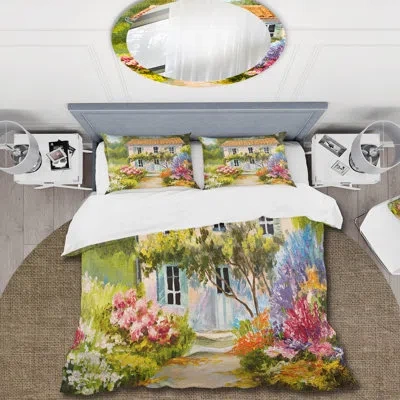 Design Art Little House On The Mountain With Flowers Ii - Traditional Duvet Cover Set - Microfiber Polyester In Green