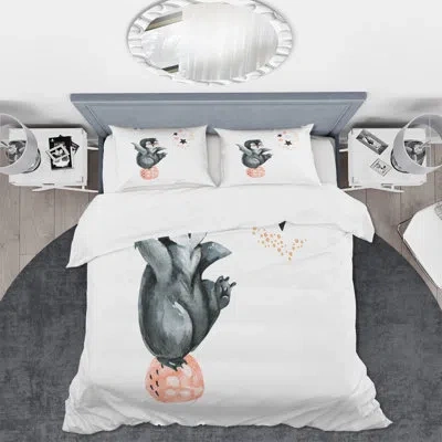 Design Art Little Penguin With Stars And Planets Ii - Farmhouse Duvet Cover Set - Microfiber Polyester In Gray,pink,yellow