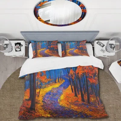 Design Art Little Road Through Orange Autumn Landscape I - Traditional Duvet Cover Set - Microfiber Polyester In Orange,blue