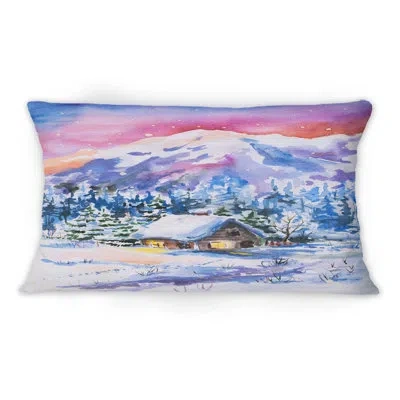 Design Art Little Snowy House In Winter Landscape -1 Country Printed Throw Pillow