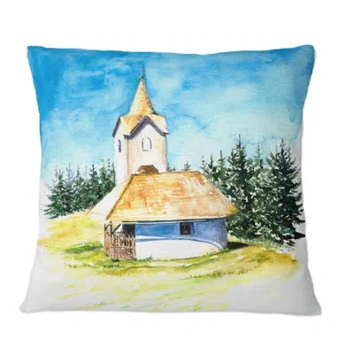 Design Art Little Village Church In The Pine Trees I - Mid-century Modern Printed Throw Pillow In Green