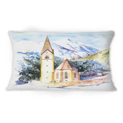 Design Art Little Village Church In Valley -1 Mid-1century Modern Printed Throw Pillow
