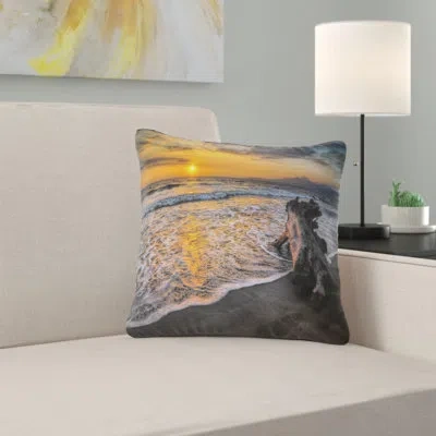 Design Art Log On Beach During Sunset - Sea & Shore Printed Pillow In Gold