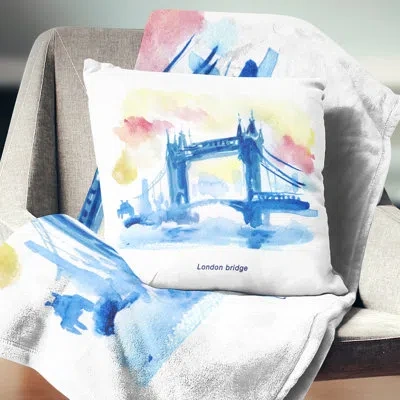 Design Art London Hand Drawn - Cityscape Printed Pillow In Green