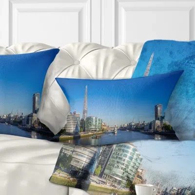 Design Art London Panoramic Shot - Cityscape Printed Throw Pillow In Blue