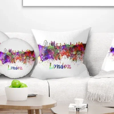 Design Art London Skyline - Cityscape Printed Pillow In Yellow;purple