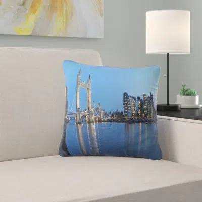 Design Art London Tower Bridge In Blue - Cityscape Printed Pillow