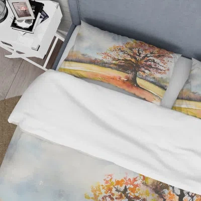 Design Art Lone Oak In The Fields With Autum Leaves - Traditional Duvet Cover Set - Microfiber Polyester In Orange,blue