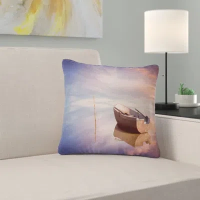Design Art Lonely Boat In Colorful Sea - Sea & Shore Printed Throw Pillow In Blue
