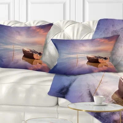 Design Art Lonely Boat In Colorful Sea - Sea & Shore Printed Throw Pillow In Blue