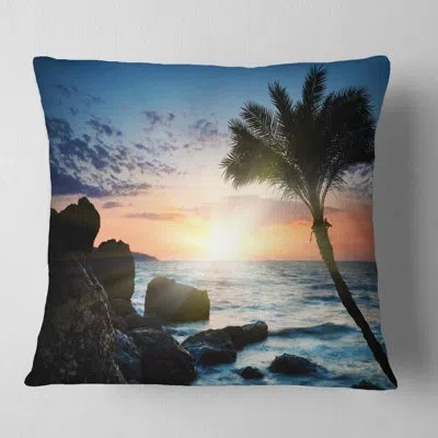 Design Art Lonely Palm Tree On Rocky Beach - Sea & Shore Printed Throw Pillow In Blue;orange