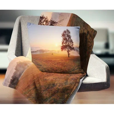 Design Art Lonely Tree At Sunset - Landscape Printed Pillow In Blue;orange