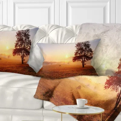 Design Art Lonely Tree At Sunset - Landscape Printed Throw Pillow