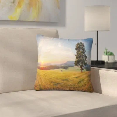 Design Art Lonely Tree On Meadow At Sunset Landscape Photography Pillow In Green