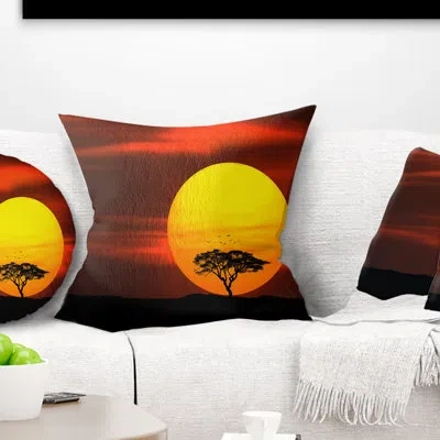 Design Art Lonely Tree With Birds At Sunset - Landscape Printed Pillow In Blue;black;brown;green;red;yellow