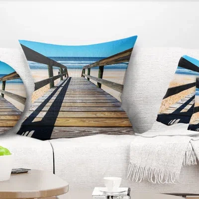 Design Art Long Boardwalk Into Blue Seashore - Pier & Bridge Printed Pillow