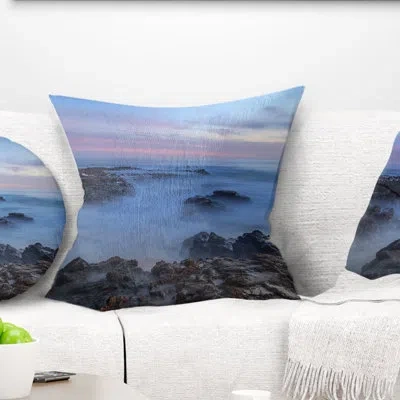 Design Art Long Exposure At Sunset Over Rocks - Sea & Shore Printed Throw Pillow In Blue;black;brown;green;red;yellow
