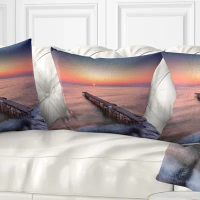 Design Art Long Exposure Sea And Shore - Pier & Bridge Printed Throw Pillow In Blue;black;brown;green;red;yellow