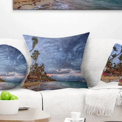 Design Art Long Palm Trees Bent To Beach - Sea & Shore Printed Pillow In Blue