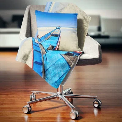 Design Art Long Tail Boat Stand At The Beach - Sea & Shore Printed Pillow In Blue