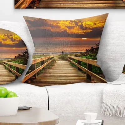 Design Art Long Wooden Stairs Into The Sea - Sea & Shore Printed Pillow In Blue;black;brown;green;red;yellow