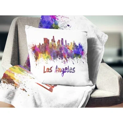 Design Art Los Angeles Skyline - Cityscape Printed Pillow In Yellow;purple