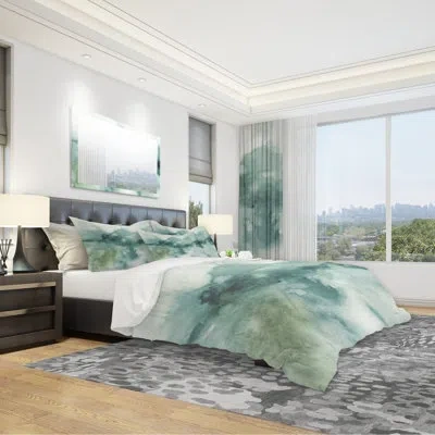 Design Art Lost Into The Blue - Abstract Duvet Cover Set - Microfiber Polyester In Green