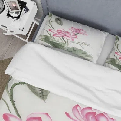 Design Art Lotus And The Dragonfly I - Traditional Duvet Cover Set - Microfiber Polyester In Green;pink