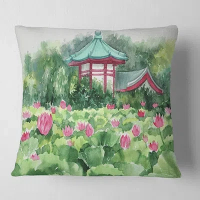 Design Art Lotus Lake And Pagoda Square Pillow Cover And Insert In Green