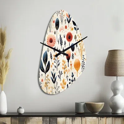 Design Art Love In The Wild Coral And Beige Flower - Floral Unique Shape Metal Wall Clock, Boho Asymmetrical Wa In Cream