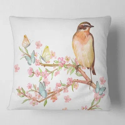 Design Art Lovely Bird Sitting On Branch Of Sakura Square Pillow Cover & Insert In Pink