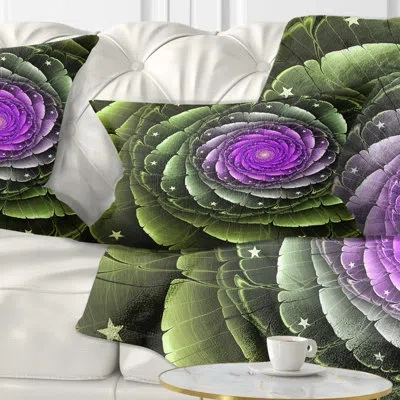 Design Art Lush Green And Purple Fractal Flower - Floral Printed Throw Pillow