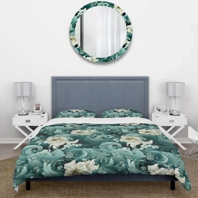 Design Art Maegen Green Mint Seamless Waves I - Floral Duvet Cover Set - Microfiber Polyester In White;green