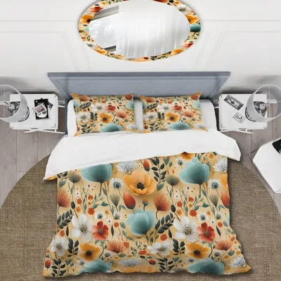 Design Art Maelona Mod Floral Nostalgia - Midcentury Duvet Cover Set - Microfiber Polyester In White;beige