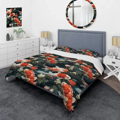 Design Art Magdau Koi Pond Reflections - Chinese Duvet Cover Set - Microfiber Polyester In White;coral