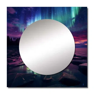 Design Art Magical Aurora Borealis Artic Lake Serenity Ii - Northern Lights Square Mirror For Wall Art Decor In Pink