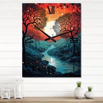 Design Art Magical Red Tree Next To Full Moon River I - Animals Owl Wall Clock Oversized In Blue;red