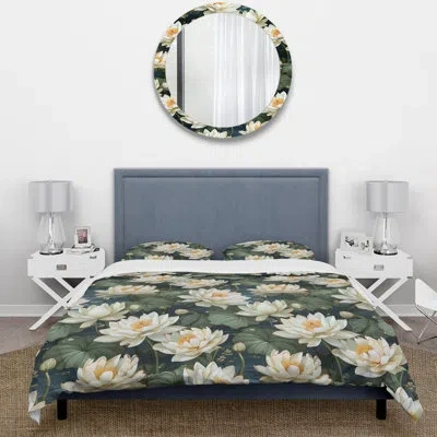 Design Art Maili Lotus Serenity I - Oriental Duvet Cover Set - Microfiber Polyester In White;green