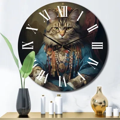 Design Art Majestic Cat In Gracious Indian Attire Ii Metal Wall Clock In Blue;black;gray
