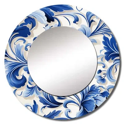 Design Art Majestic Cobalt Scrolls Victorian Pattern - Floral Unique Mirror, Cottage Large Wall Mirror, Printed In Blue