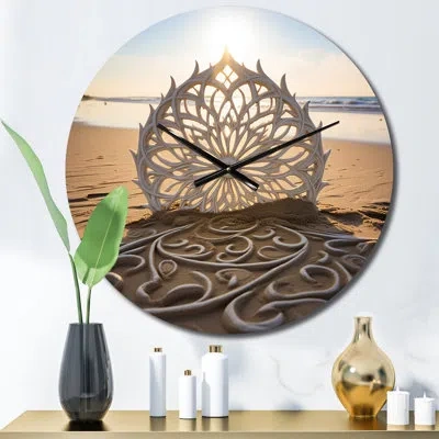Design Art Majestic Mandala On The Beach I Metal Wall Clock In White