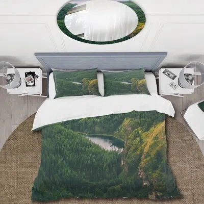 Design Art Majestic Mountain View In Russia - Lake House Duvet Cover Set - Microfiber Polyester In Green