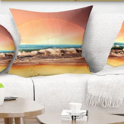 Design Art Majestic Rainbow Over Seashore - Landscape Printed Pillow In Blue;yellow
