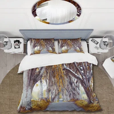 Design Art Majestic Tree Alley - Lake House Duvet Cover Set - Microfiber Polyester In Brown,gray