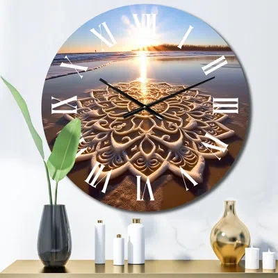 Design Art Majestic White Mandala On The Sunset Beach V Metal Wall Clock In Yellow