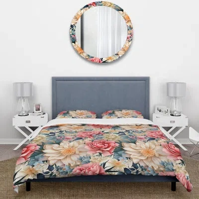 Design Art Makah Pink And White Garden Floral Happiness - Floral Duvet Cover Set - Microfiber Polyester In White;pink