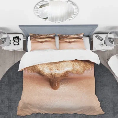 Design Art Makeup & Lipstick On The Face Of A Beautiful Model - Modern Duvet Cover Set - Microfiber Polyester In Gold,beige