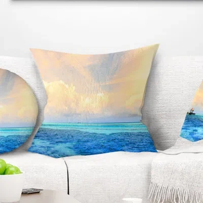 Design Art Maldives Bungalows Sunset Panorama - Sea & Shore Printed Throw Pillow In Orange